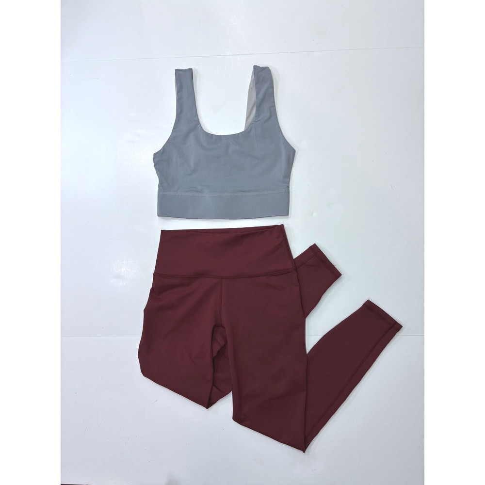 Fabletics Bundle Grey Sports Bra and Burgundy High Waisted Leggings Set XXS